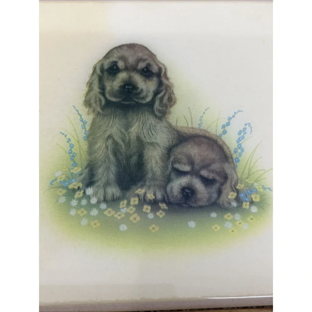 Vtg Kimberly Graphic Art Tile Jewelry Box Cocker Spaniel Puppies 5